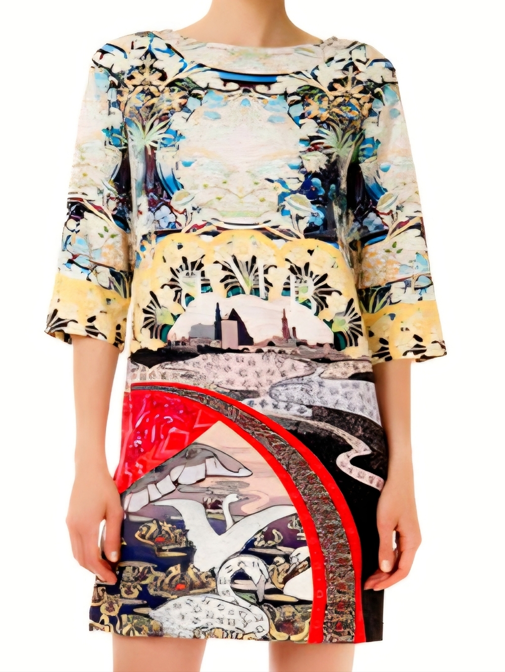 MARY KATRANZOU "Eve Swan Village" Print Bracelet Sleeve Shift Dress 4